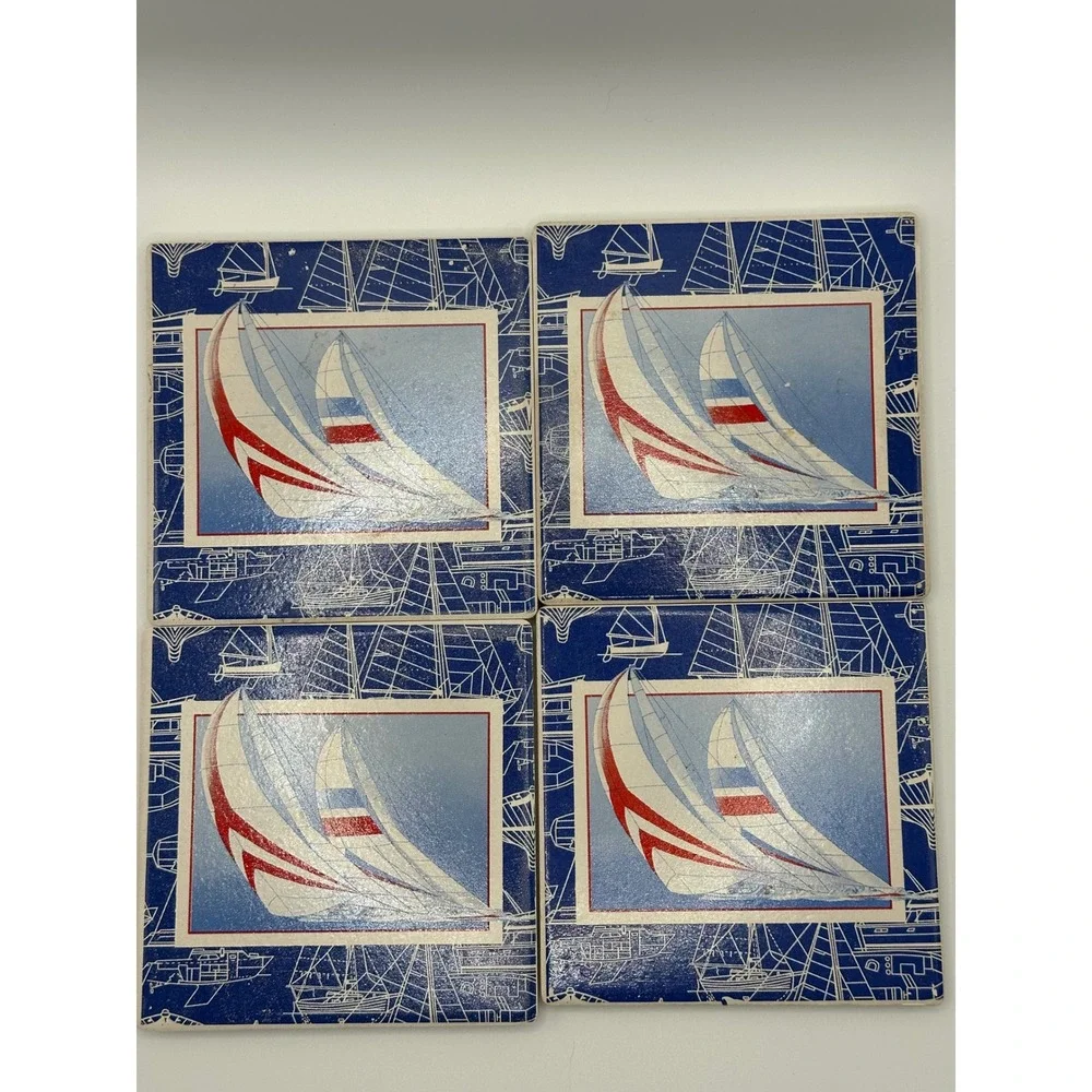 Vintage Nautical Sailboat Ceramic Coaster Set of 4 with Wood Holder Blue White‎